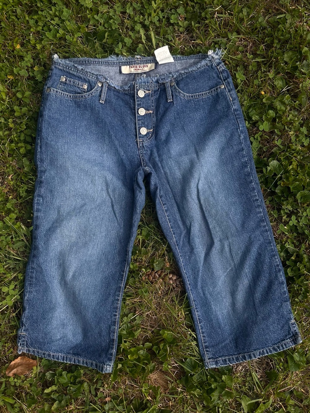 Y2K Low-Mid Rise Button-Fly Light Blue Distressed Denim Capris Paris Blues